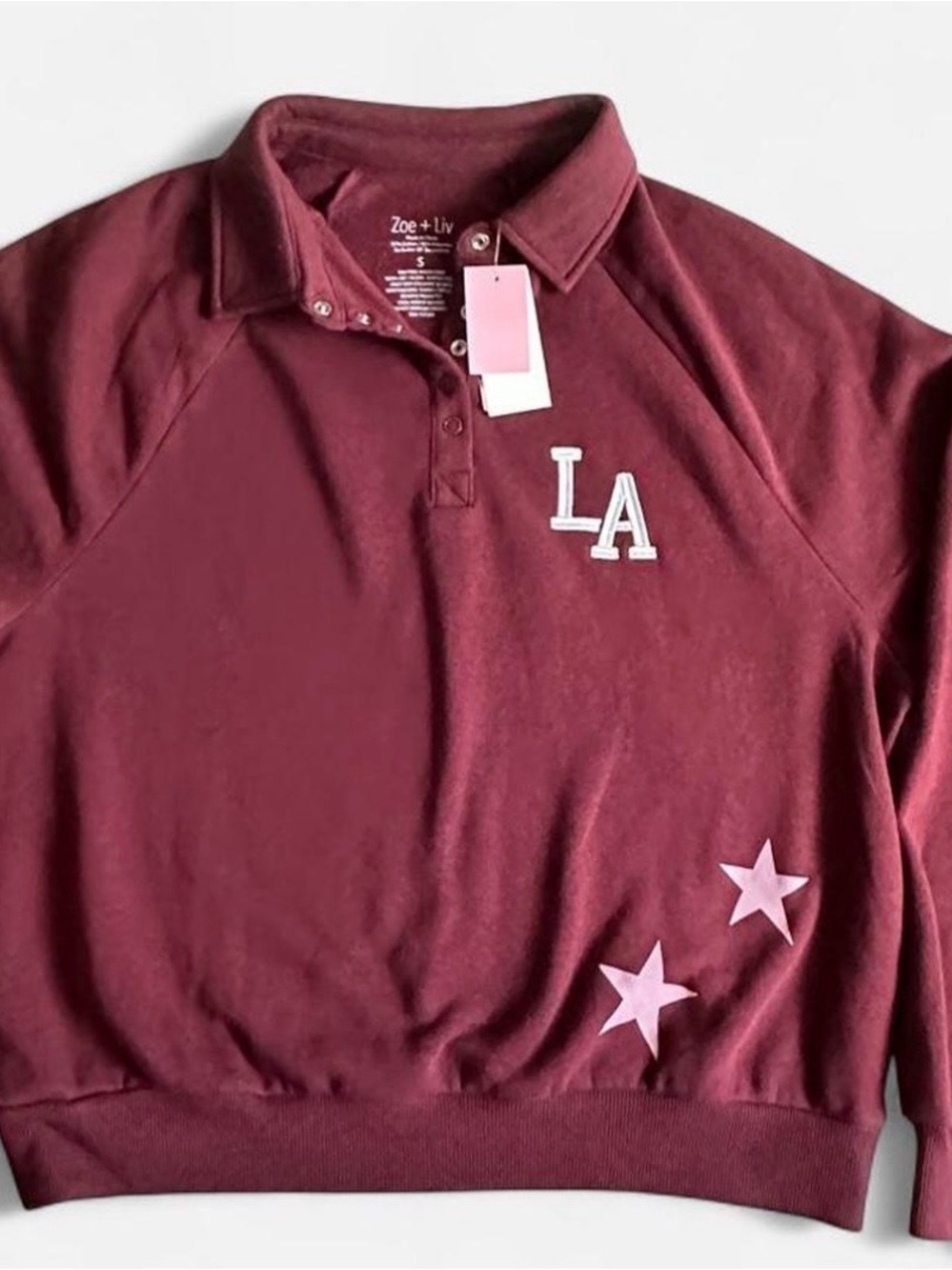 Zoe + Liv Los Angeles 98 Varsity Collared Sweatshirt Burgundy S NWT